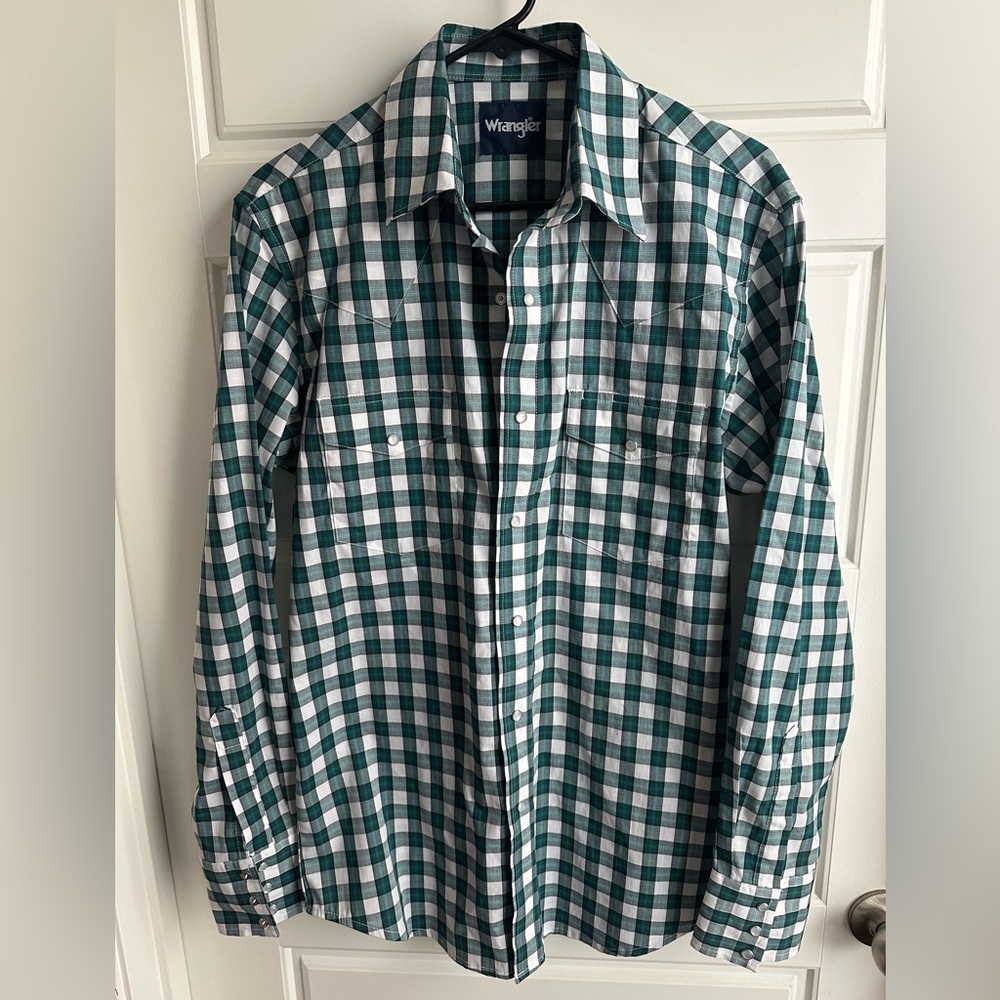 Wrangler Men's Wrinkle Resist Verdant Green Plaid Long Sleeve Snap Shirt NWOT